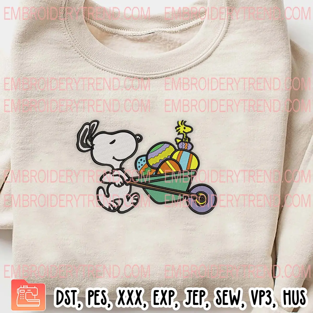Easter Wagon Snoopy Woodstock Embroidery Design, Peanuts Easter Day Embroidery Digitizing Pes File