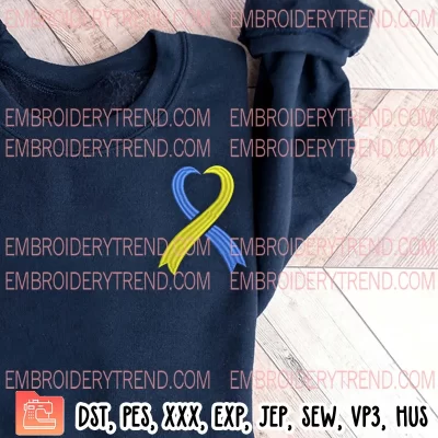 Heart Awareness Ribbon Blue Yellow Embroidery Design, Down Syndrome Day Embroidery Digitizing Pes File