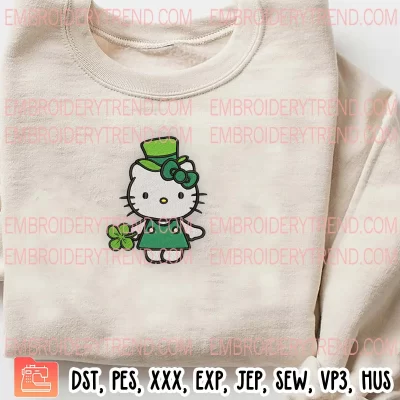 Hello Kitty Four Leaf Clover Embroidery Design, Kitty St Patricks Day Embroidery Digitizing Pes File