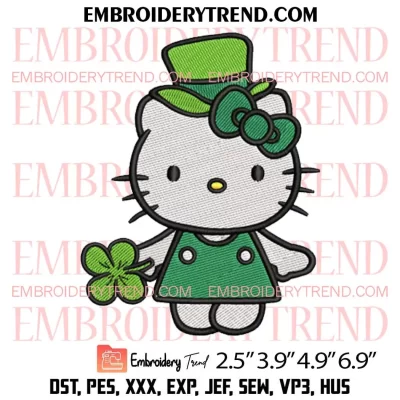 Hello Kitty Four Leaf Clover Embroidery Design, Kitty St Patricks Day Embroidery Digitizing Pes File