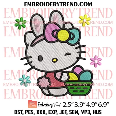 Hello Kitty Face Easter Embroidery Design, Kitty Bunny Embroidery Digitizing Pes File