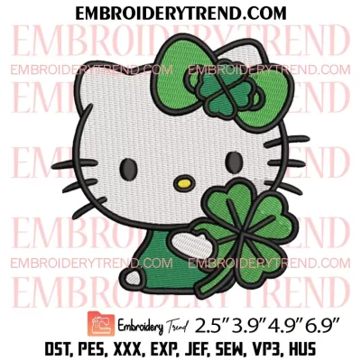 Hello Kitty Shamrock Embroidery Design, Cute Kitty Patricks Day Embroidery Digitizing Pes File