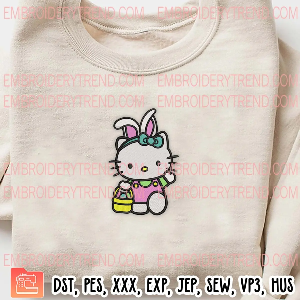 Hello Kitty with Easter Egg Basket Embroidery Design, Kitty Bunny Embroidery Digitizing Pes File