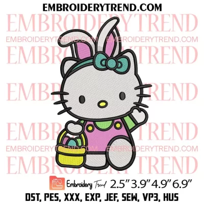 Hello Kitty with Easter Egg Basket Embroidery Design, Kitty Bunny Embroidery Digitizing Pes File