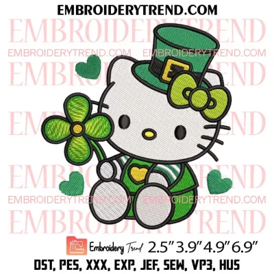Hello Kitty with Leprechaun Hat Embroidery Design, Shamrock Patricks Day Embroidery Digitizing Pes File