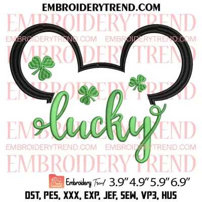 Lucky Clover Mickey Ears Embroidery Design, Disney St Patricks Day Embroidery Digitizing Pes File