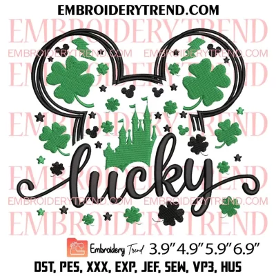 Lucky Mickey Head Castle Embroidery Design, Disney St Patrricks Day Embroidery Digitizing Pes File