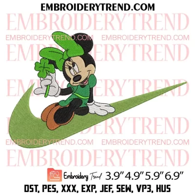 Minnie Mouse Shamrock Swoosh Embroidery Design, Minnie Patricks Day Embroidery Digitizing Pes File