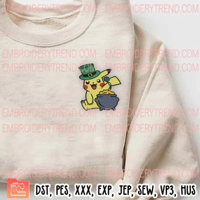 Pikachu Leprechaun with Pot Of Gold Embroidery Design, Pikachu St Patricks Embroidery Digitizing Pes File