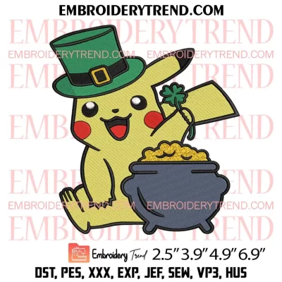 Pikachu Shamrock Embroidery Design, St Patricks Day Embroidery Digitizing Pes File