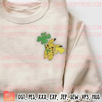 Pikachu Shamrock Embroidery Design, St Patricks Day Embroidery Digitizing Pes File