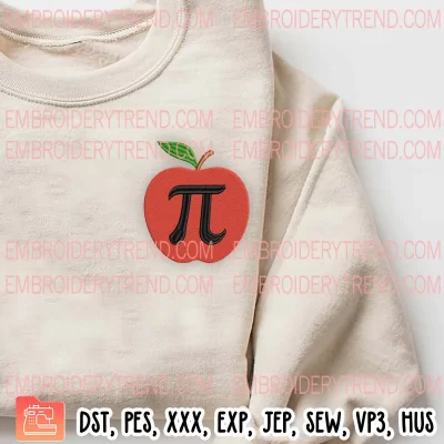 Red Apple Pi Embroidery Design, Pi Day Embroidery Digitizing Pes File
