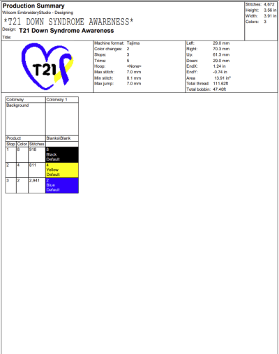 T21 Down Syndrome Awareness Embroidery Design, Heart and Ribbon Embroidery Digitizing Pes File