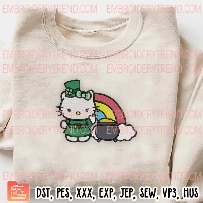 Hello Kitty Pot Of Gold And Rainbow Embroidery Design, Hello Kitty Leprechaun St Patricks Day Embroidery Digitizing Pes File