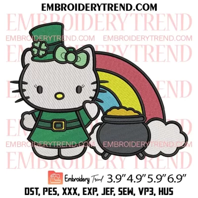 Hello Kitty Pot Of Gold And Rainbow Embroidery Design, Hello Kitty Leprechaun St Patricks Day Embroidery Digitizing Pes File
