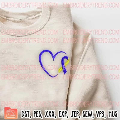 Yellow and Blue Ribbon Heart Embroidery Design, Down Syndrome Awareness Embroidery Digitizing Pes File