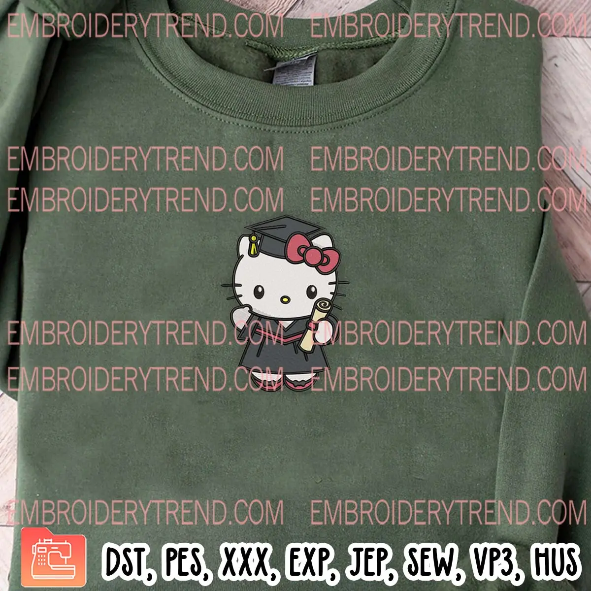 Graduate Hello Kitty Embroidery Design, Hello Kitty School Machine Embroidery Digitized Pes Files