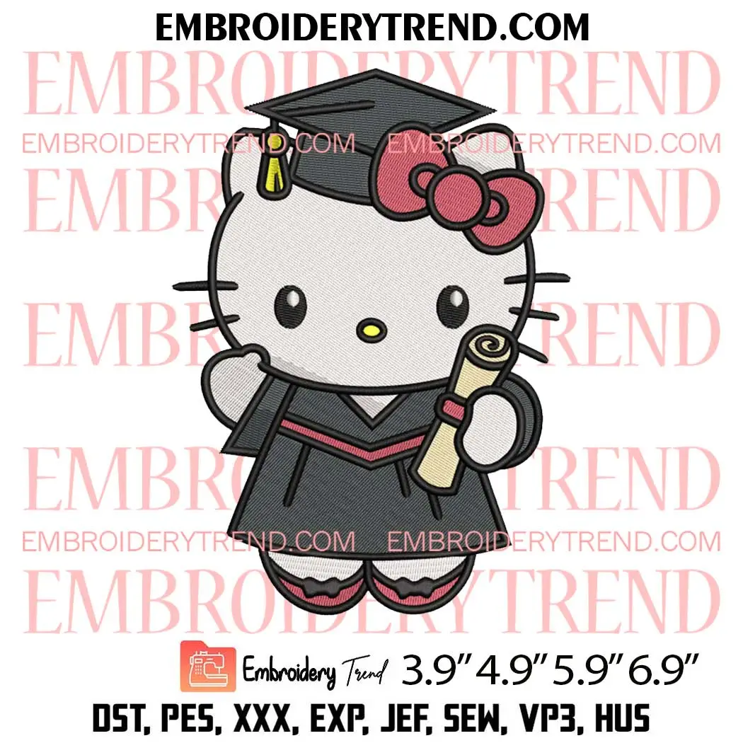 Graduate Hello Kitty Embroidery Design, Hello Kitty School Machine Embroidery Digitized Pes Files
