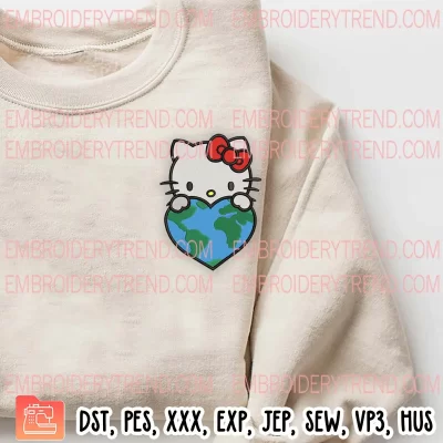 Hello Kitty Heart Earth Day Embroidery Design, Kitty Earth Day Embroidery Digitizing Pes File