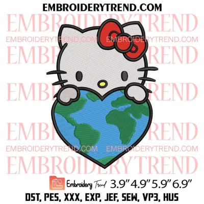 Hello Kitty Hugging Earth Embroidery Design, Hello Kitty Earth Day Embroidery Digitizing Pes File