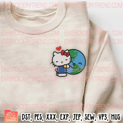Hello Kitty Hugging Earth Embroidery Design, Hello Kitty Earth Day Embroidery Digitizing Pes File