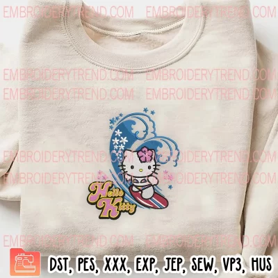 Hello Kitty Surfing Embroidery Design, Kitty Summer Embroidery Digitizing Pes File