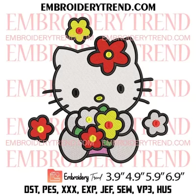 Hello Kitty with Flowers Embroidery Design, Hello Kitty Embroidery Digitizing Pes File