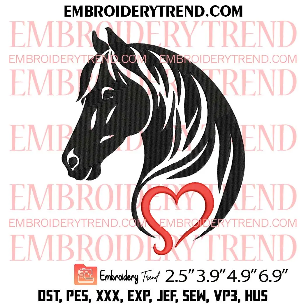 Horse With Heart Embroidery Design, Gift for Horse Lover Embroidery Digitizing Pes File