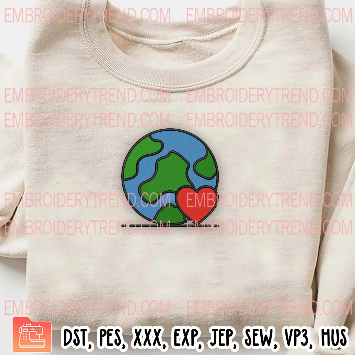 Love Heart Planet Embroidery Design, Earth Day Embroidery Digitizing Pes File