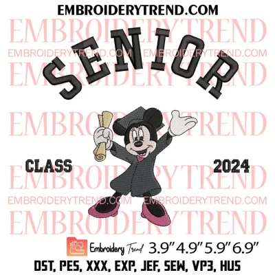 Minnie Senior Class 2024 Embroidery Design, Couple Mickey Minnie Graduation Machine Embroidery Digitized Pes Files