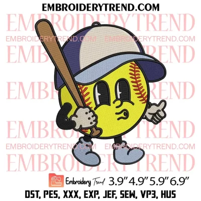Softball Mascot Embroidery Design, Retro Softball Embroidery Digitizing Pes File