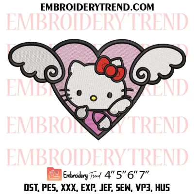 Angel Kitty Heart Embroidery Design, Hello Kitty Angel Wings Machine Embroidery Digitized Pes Files
