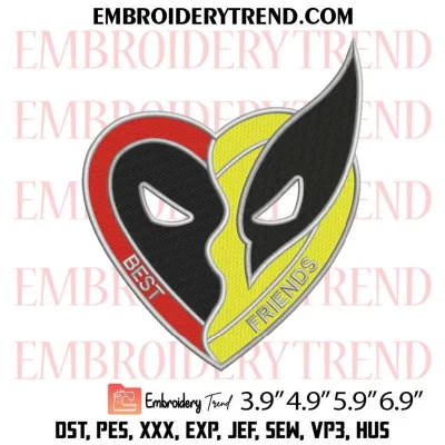 Deadpool and Wolverine Best Friends Heart Embroidery Design, Marvel Movie Machine Embroidery Digitized Pes Files