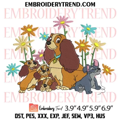 Disney Lady And The Tramp Flower Embroidery Design, Cute Mother’s Day Gift Machine Embroidery Digitized Pes Files