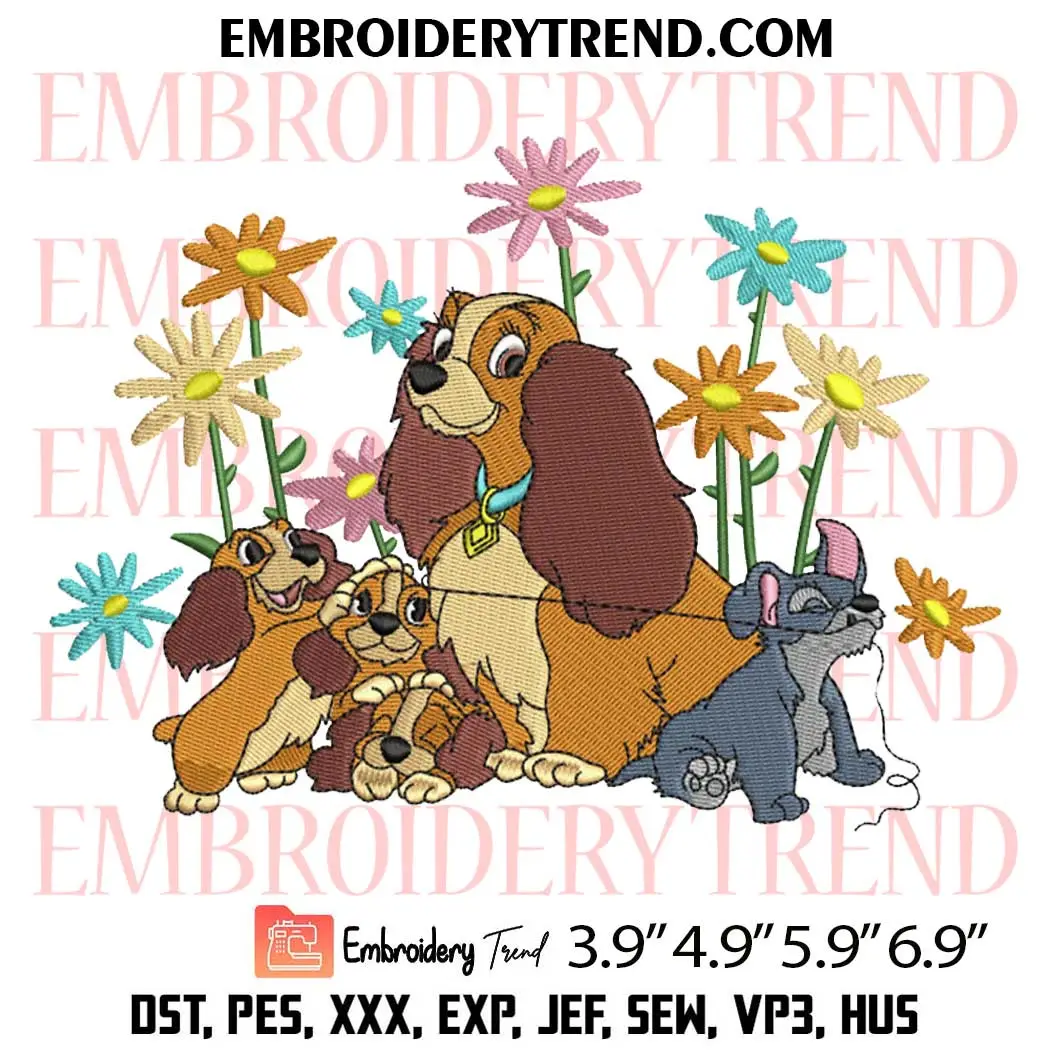 Disney Lady And The Tramp Flower Embroidery Design, Cute Mother's Day Gift Machine Embroidery Digitized Pes Files