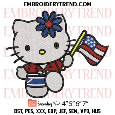 Hello Kitty American Flag Embroidery Design, Independence Day Machine Embroidery Digitized Pes Files