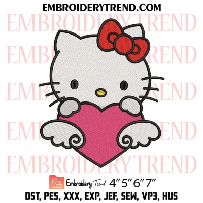 Hello Kitty Holding Angel Heart Embroidery Design, Cute Kitty Machine Embroidery Digitized Pes Files