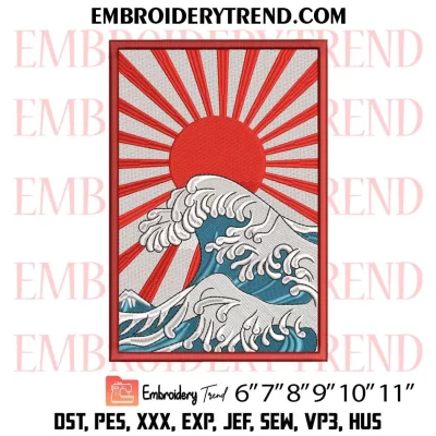 Kanagawa Wave Japan Rising Sun Embroidery Design, Japanese Ocean Wave Machine Embroidery Digitized Pes Files