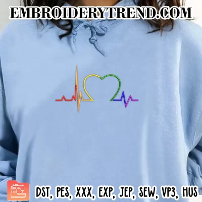 LGBT Heartbeat Embroidery Design, Pride Month Machine Embroidery Digitized Pes Files