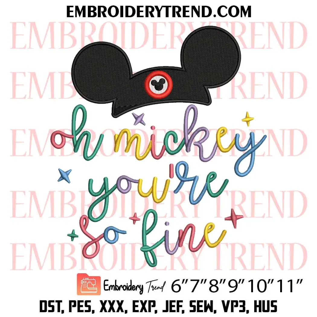 Oh Mickey You're So Fine Embroidery Design, Mickey Mouse Ears Machine Embroidery Digitized Pes Files