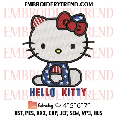 Hello Kitty American Flag Embroidery Design, Independence Day Machine Embroidery Digitized Pes Files