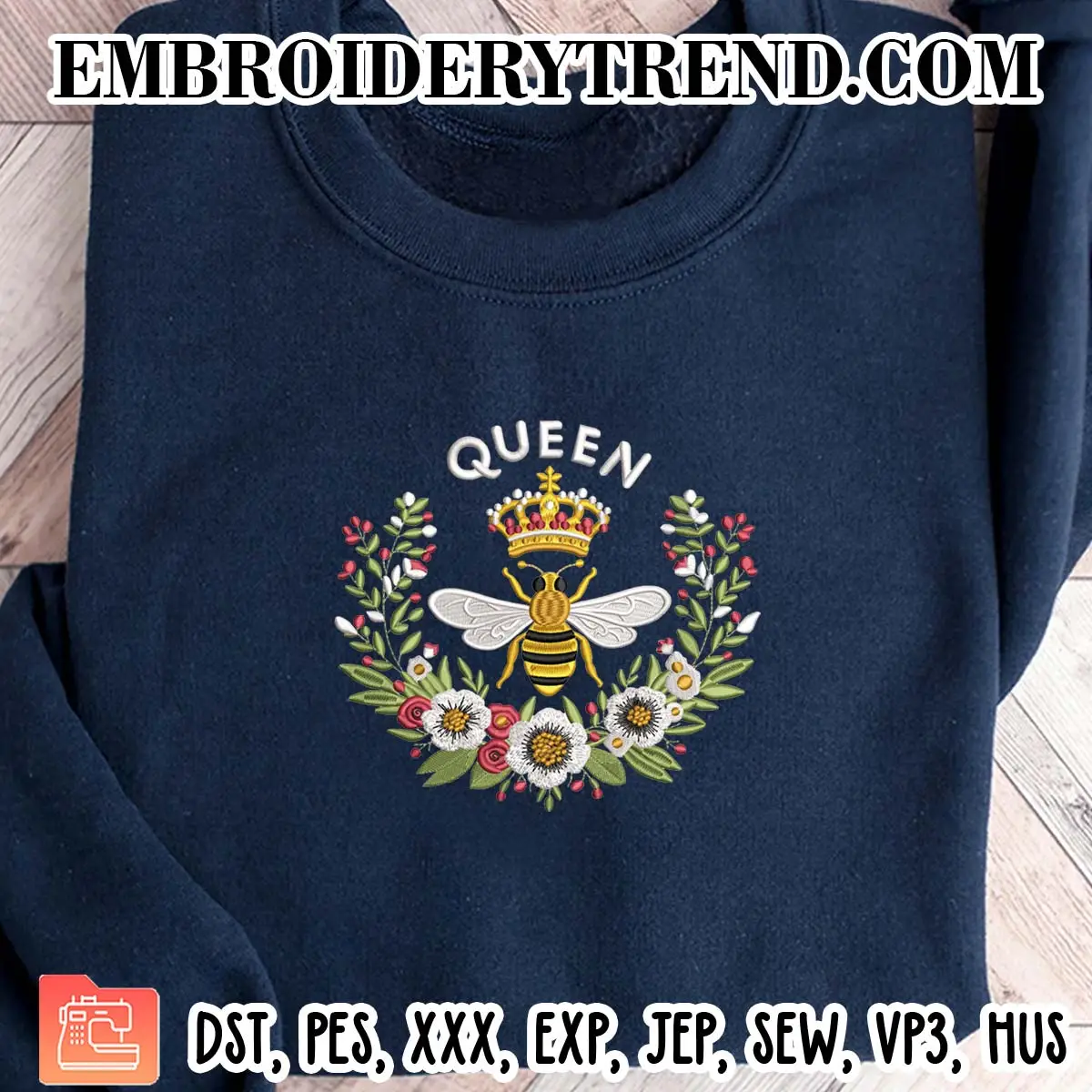 Queen Bee Embroidery Design, Queen Bee Flowers And Crown Machine Embroidery Digitized Pes Files
