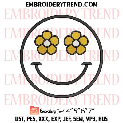 Smile Face Flowers Embroidery Design, Smiley Face Daisy Flower Machine Embroidery Digitized Pes Files