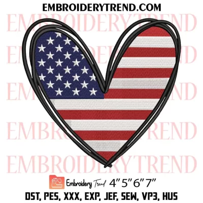 USA Heart American Flag Embroidery Design, 4th of July Machine Embroidery Digitized Pes Files