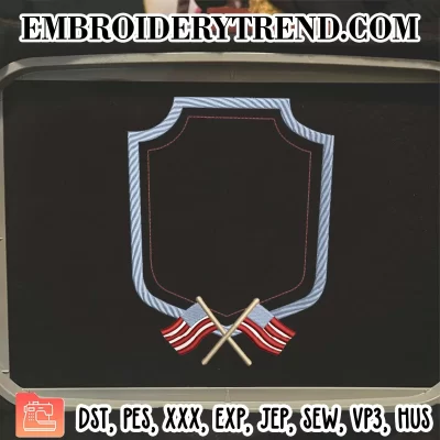 Banner Frame American Flag Embroidery Design, USA Two Crossed Flags Machine Embroidery Digitized Pes Files