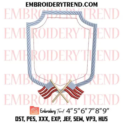 Banner Frame American Flag Embroidery Design, USA Two Crossed Flags Machine Embroidery Digitized Pes Files