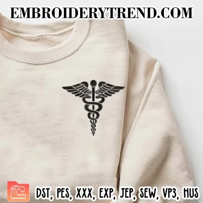 Medical Caduceus Logo Embroidery Design, Medical Symbol Machine Embroidery Digitized Pes Files