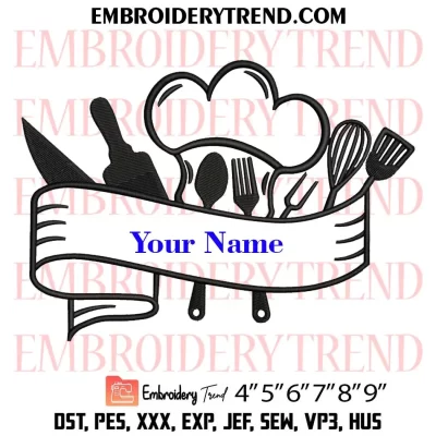 Pattern Chef Hat Embroidery Design, Chef Hat Cutlery Machine Embroidery Digitized Pes Files