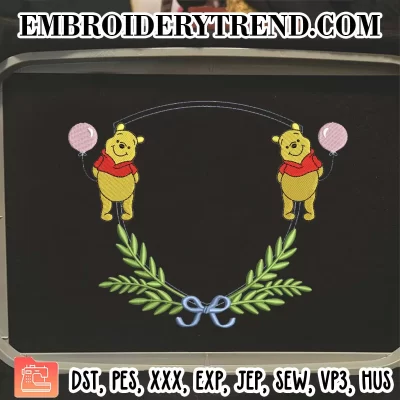 Banner Frame Bear Pooh Embroidery Design, Custom Machine Embroidery Digitized Pes Files