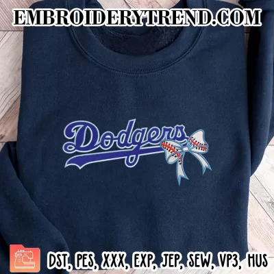 Dodgers With Bow Baseball Embroidery Design, MLB Los Angeles Dodgers Machine Embroidery Digitized Pes Files